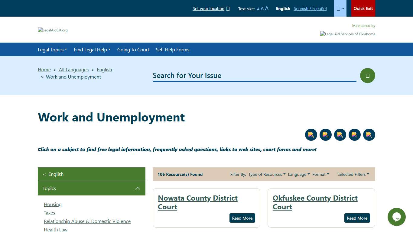 Work and Unemployment - English Welcome to Legal Aid Services of Oklahoma's guide to free legal help in Oklahoma.