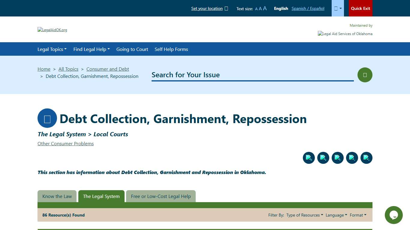 Local Courts - The Legal System - Debt Collection, Garnishment, Repossession - Consumer and Debt Welcome to Legal Aid Services of Oklahoma's guide to free legal help in Oklahoma.